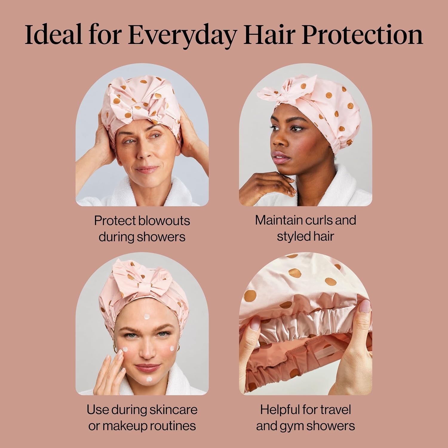 image:imageKitsch Luxury Large Shower Cap for Women StripeBlush Dot