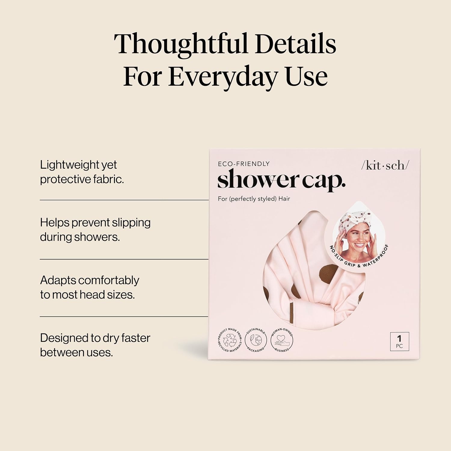 image:imageKitsch Luxury Large Shower Cap for Women StripeBlush Dot