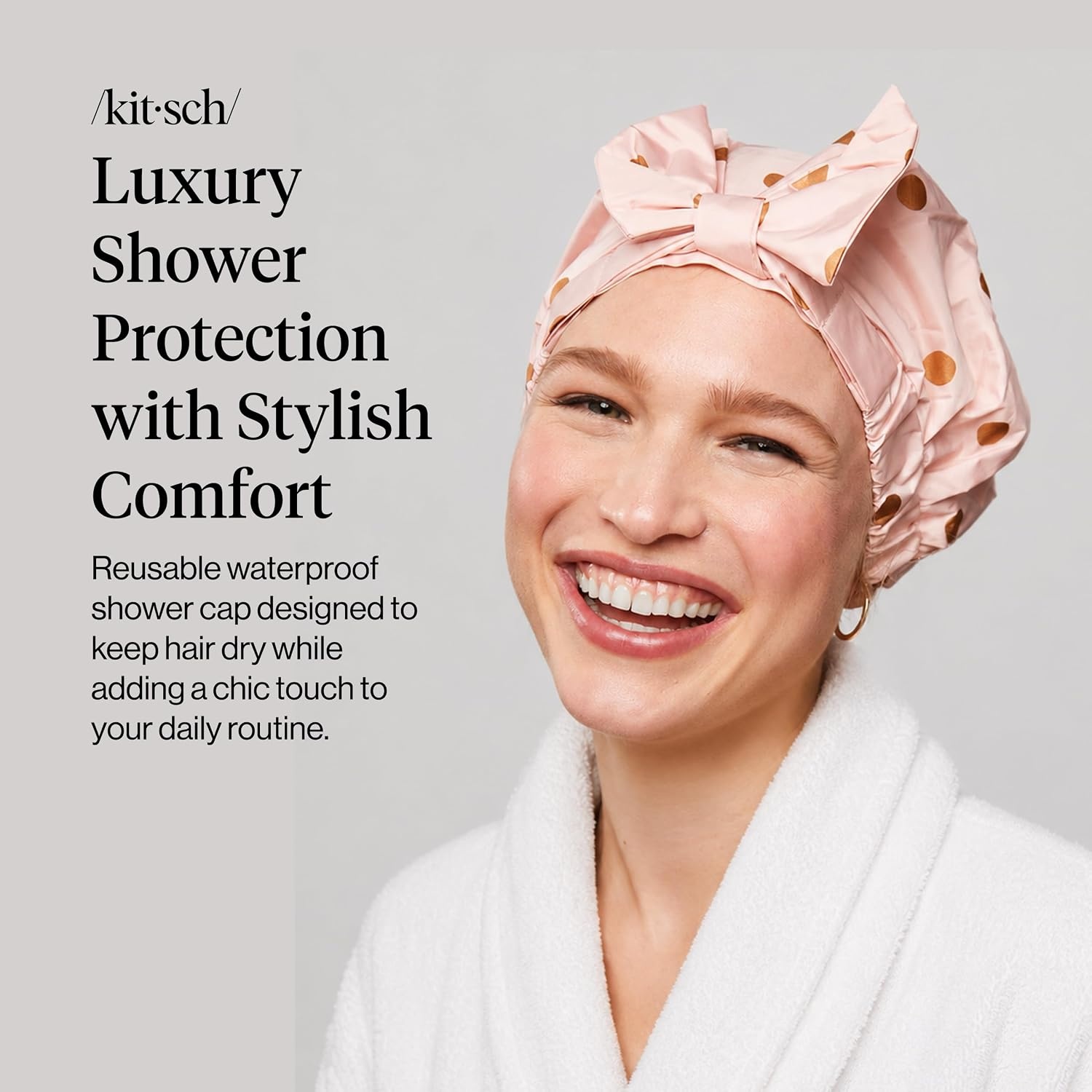 image:imageKitsch Luxury Large Shower Cap for Women StripeBlush Dot