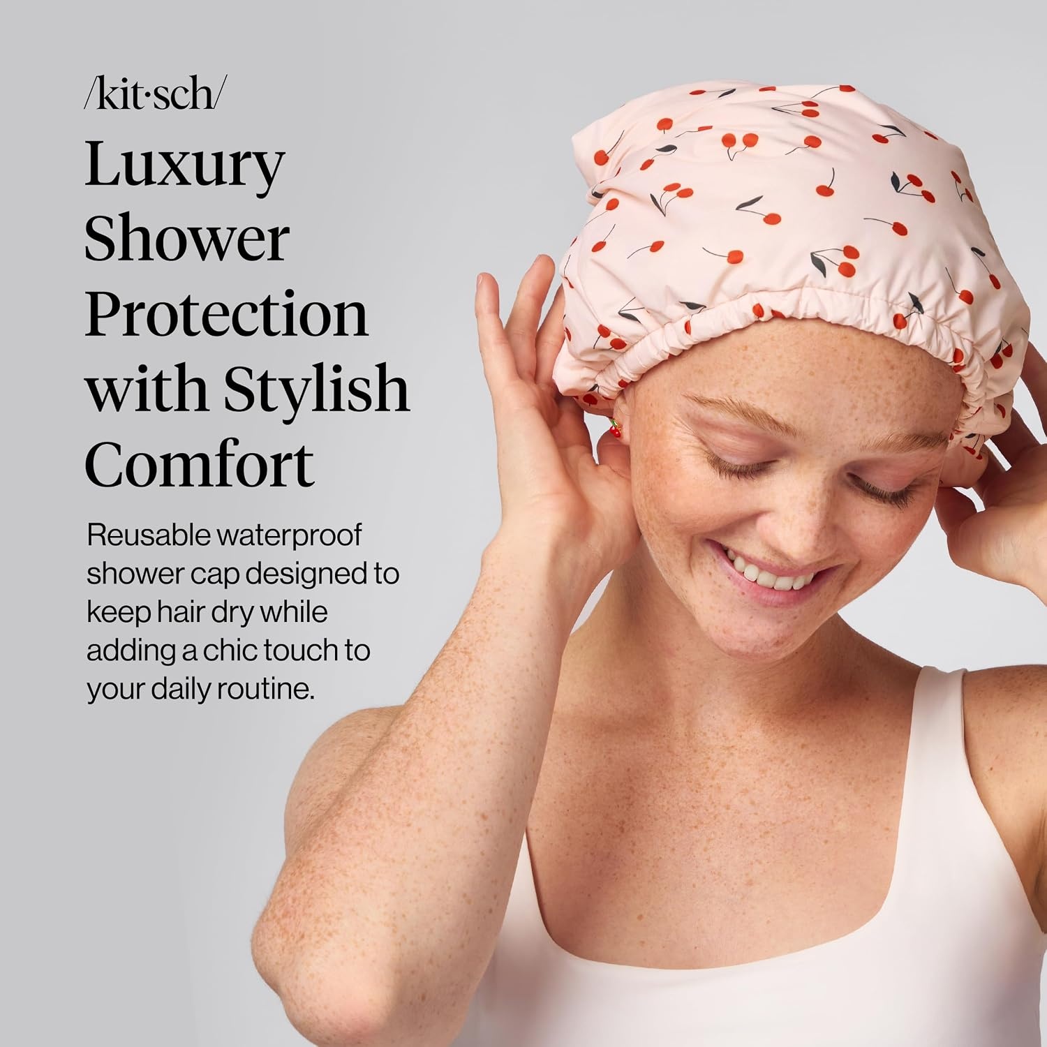 image:imageKitsch Luxury Large Shower Cap for Women StripeCherry Print