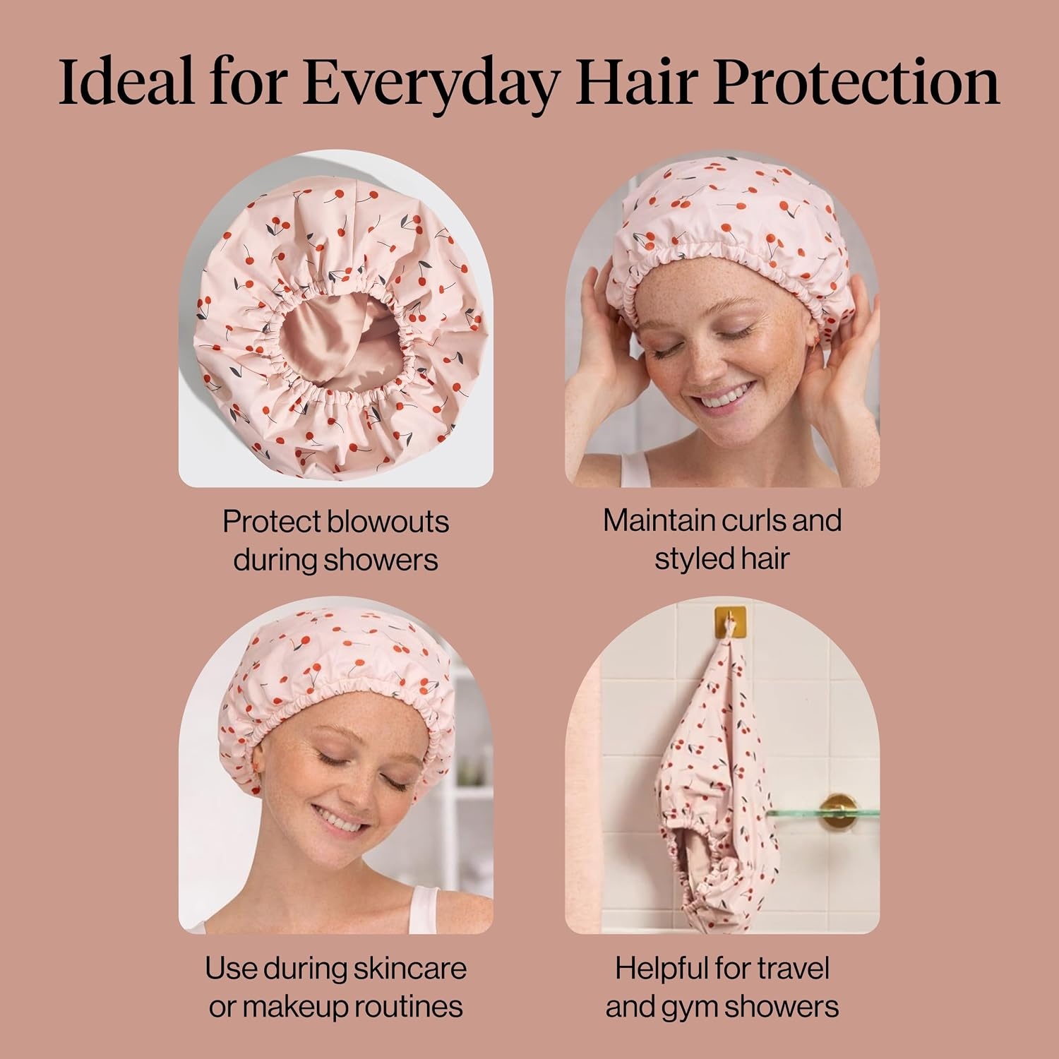 image:imageKitsch Luxury Large Shower Cap for Women StripeCherry Print