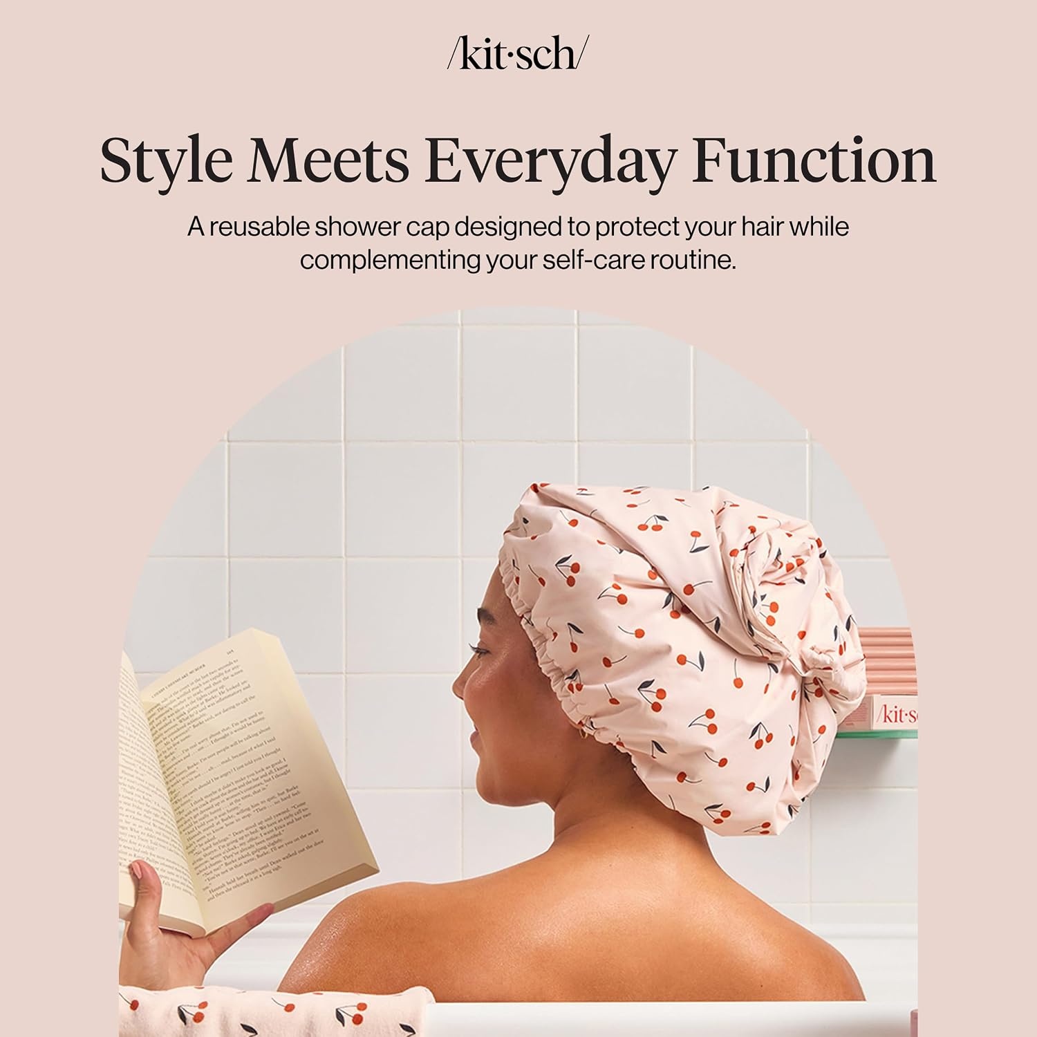 image:imageKitsch Luxury Large Shower Cap for Women StripeCherry Print