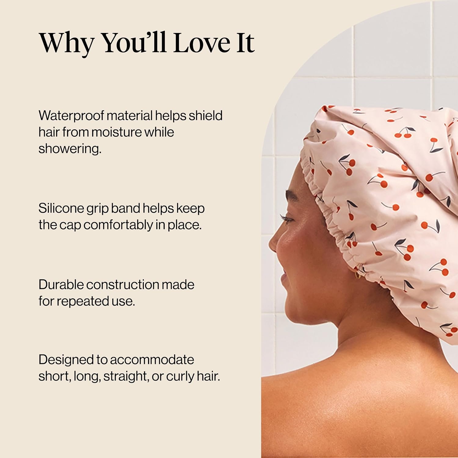image:imageKitsch Luxury Large Shower Cap for Women StripeCherry Print