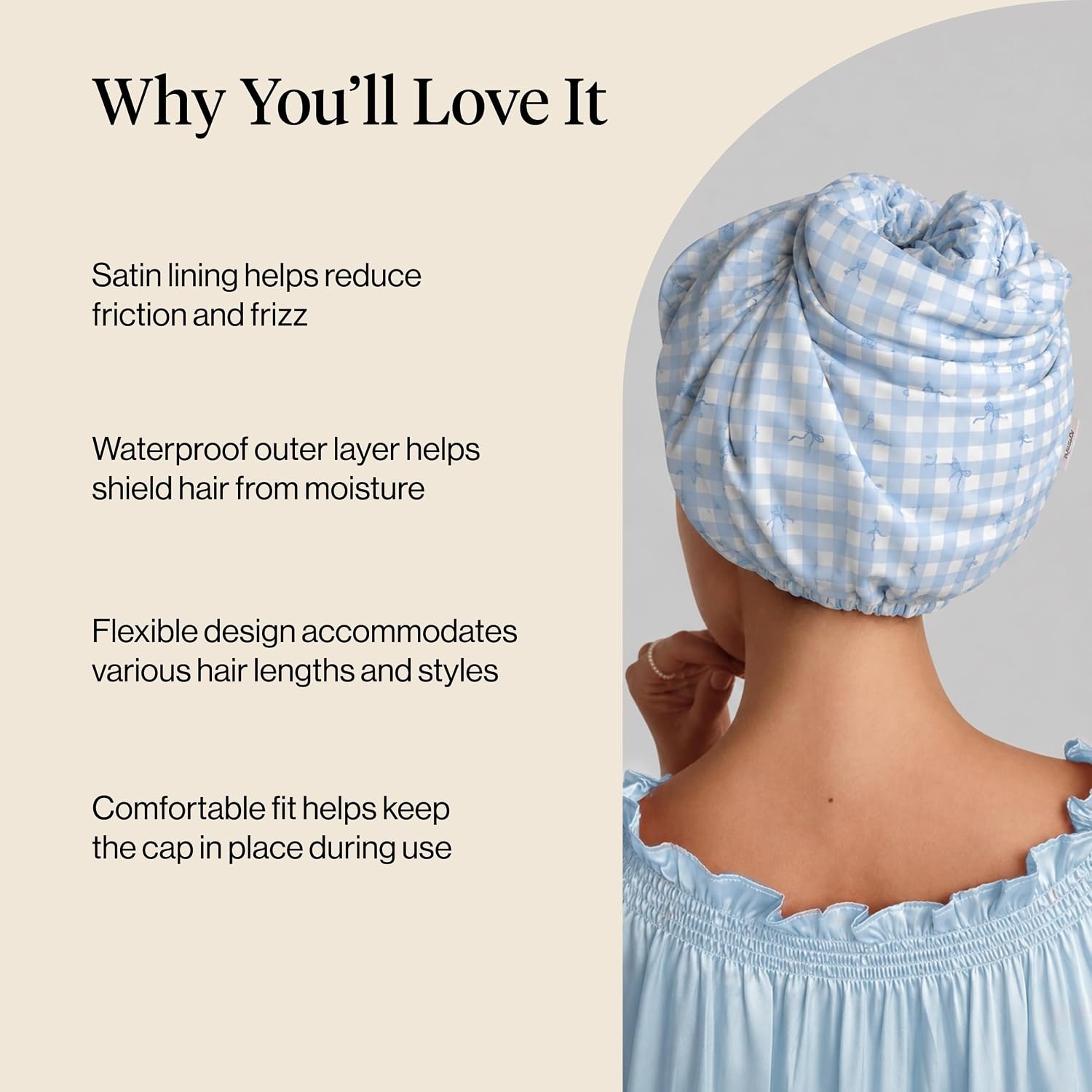 image:imageKitsch Luxury Large Shower Cap for Women StripeGingham Blue