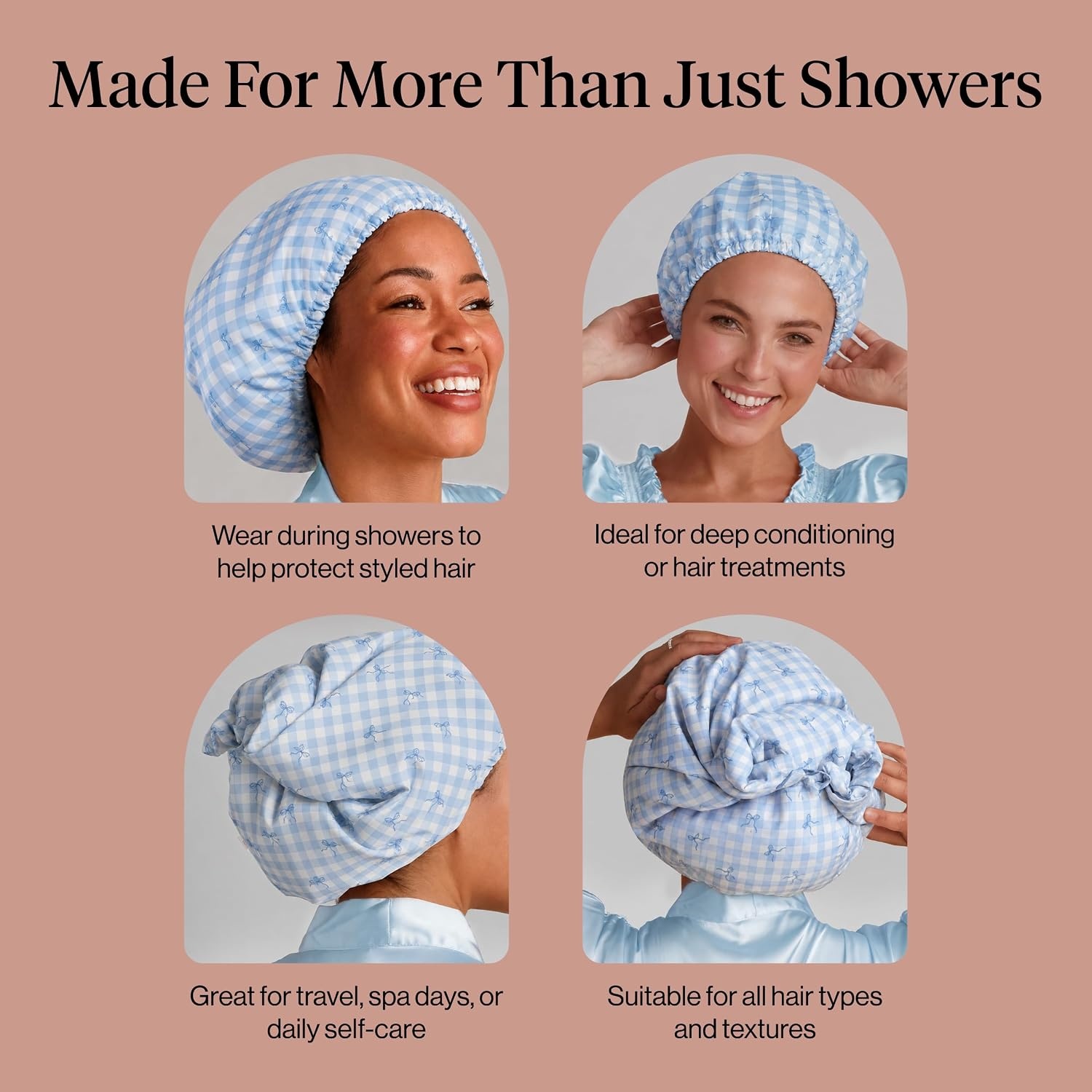 image:imageKitsch Luxury Large Shower Cap for Women StripeGingham Blue