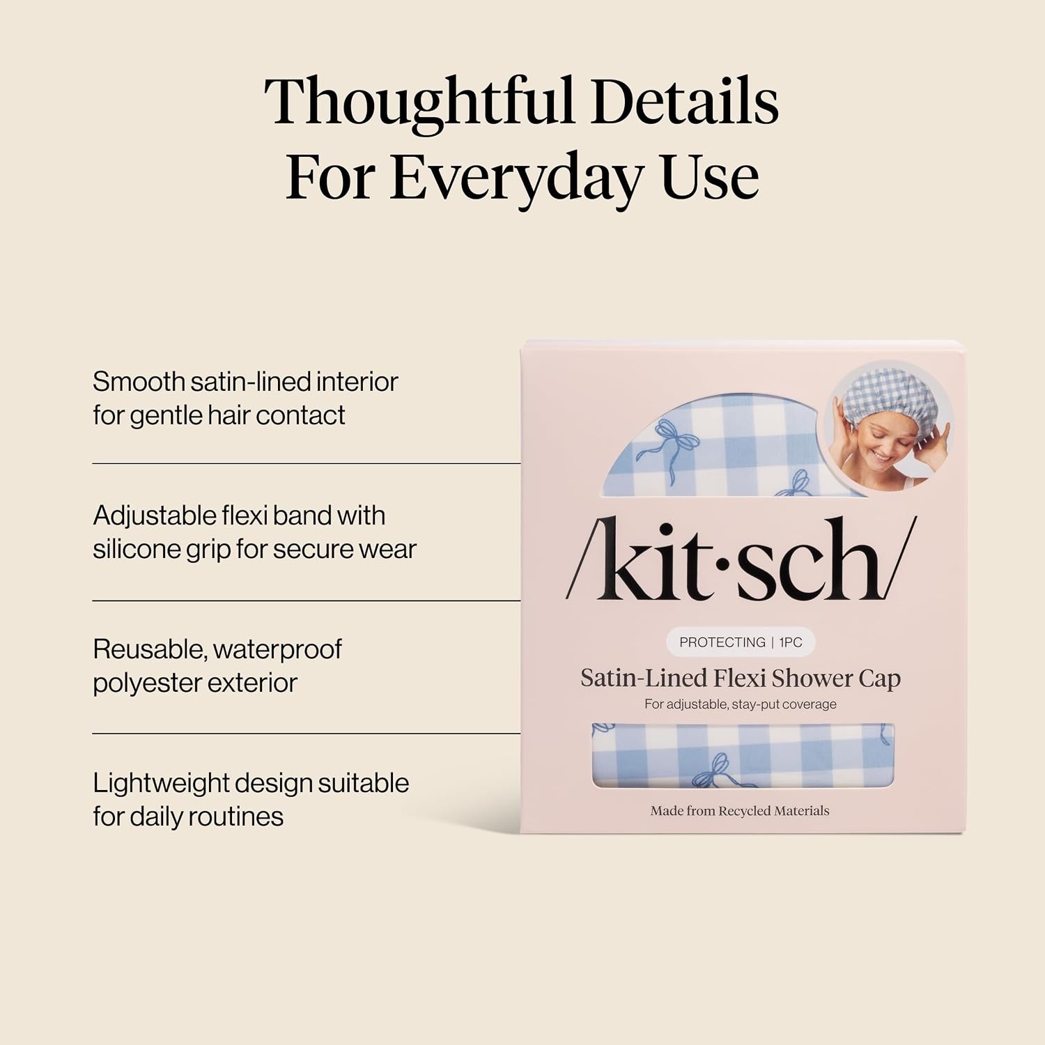 image:imageKitsch Luxury Large Shower Cap for Women StripeGingham Blue