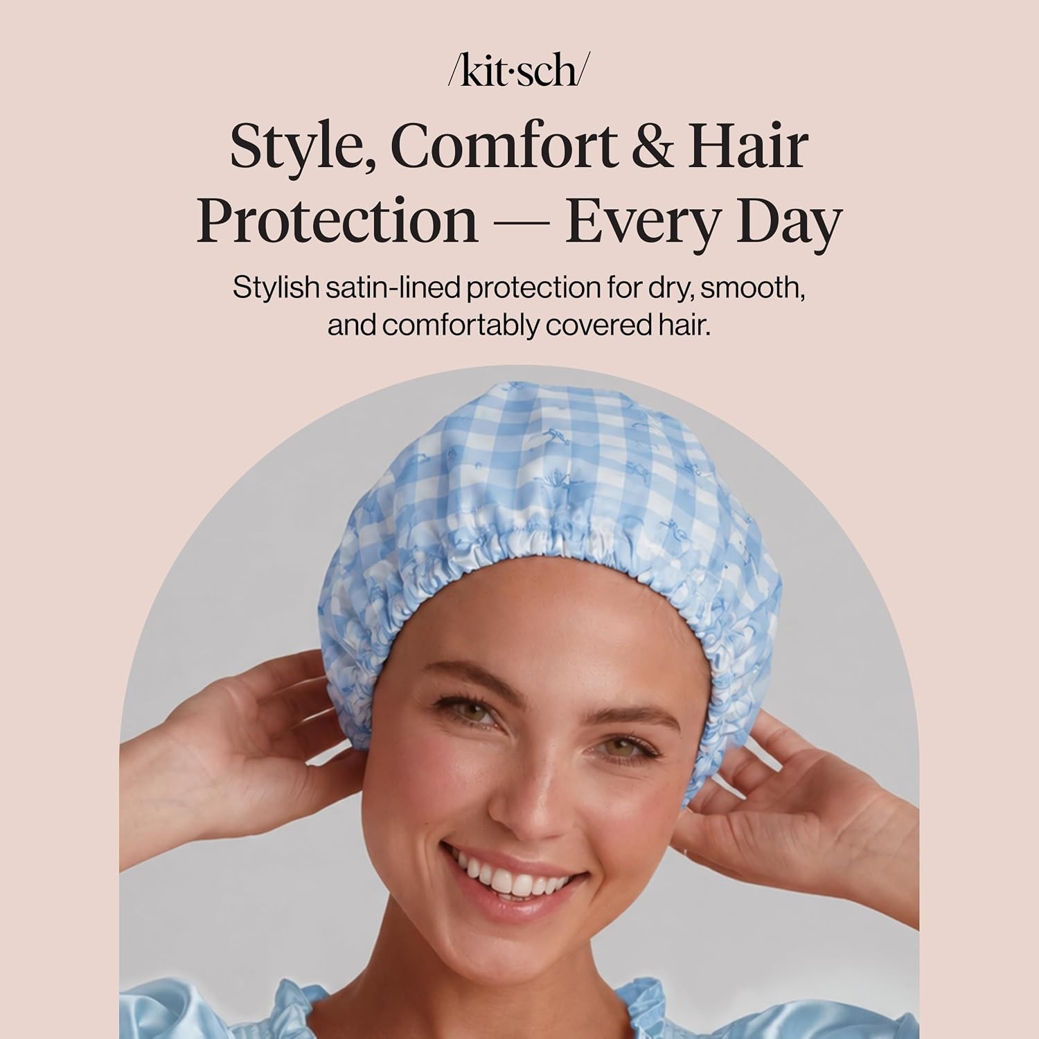 image:imageKitsch Luxury Large Shower Cap for Women StripeGingham Blue