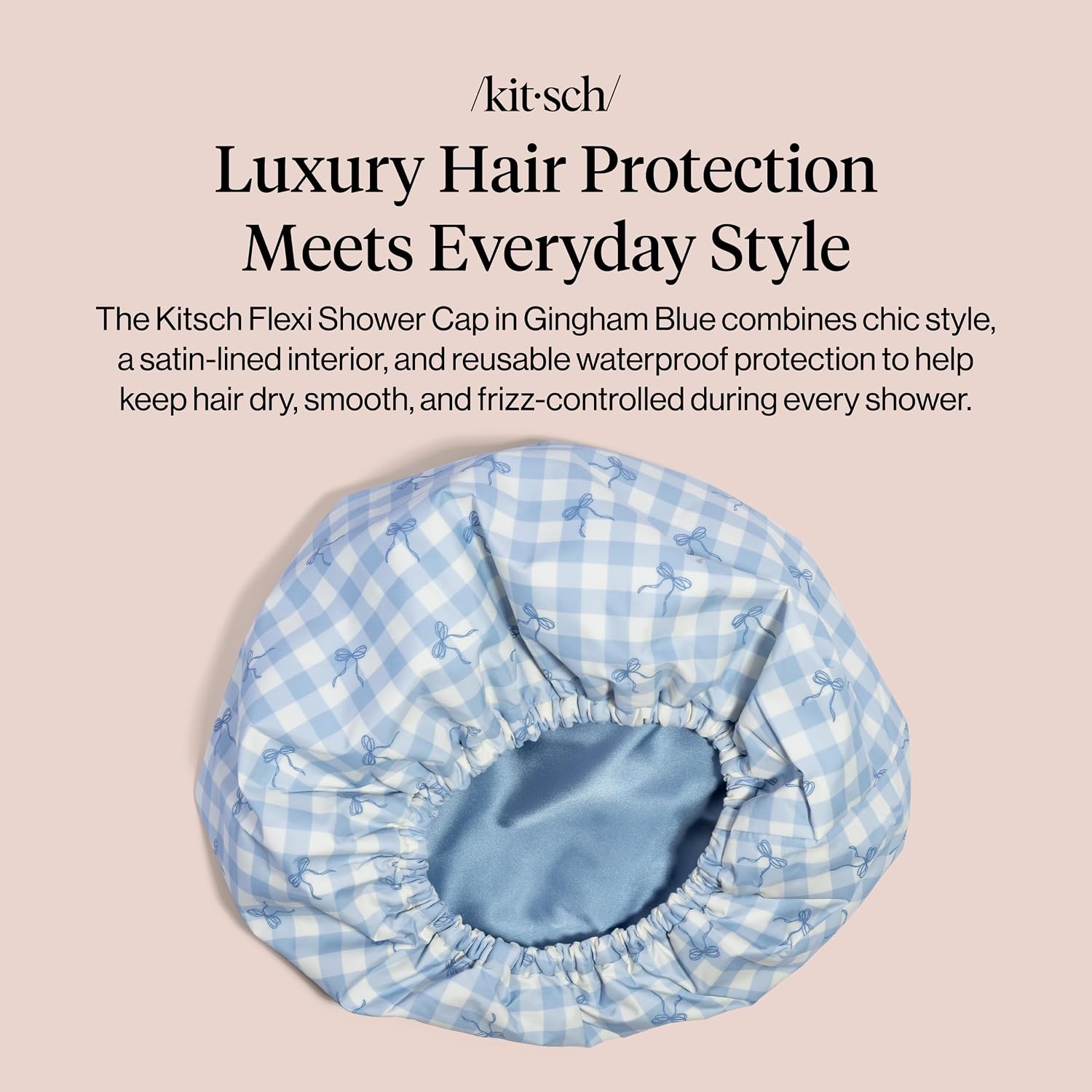 image:imageKitsch Luxury Large Shower Cap for Women StripeGingham Blue