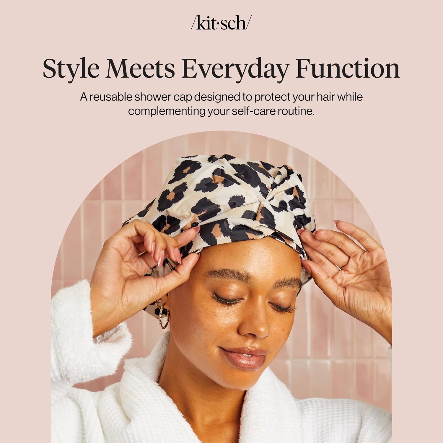 image:imageKitsch Luxury Large Shower Cap for Women StripeLeopard