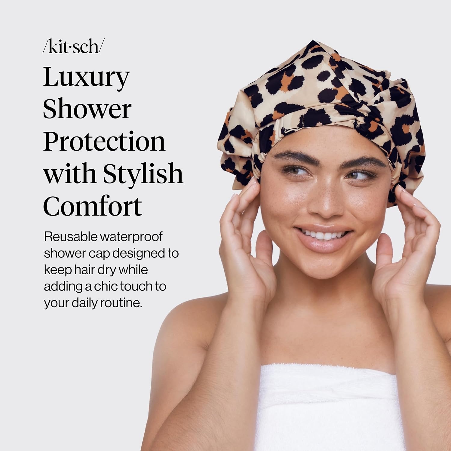 image:imageKitsch Luxury Large Shower Cap for Women StripeLeopard