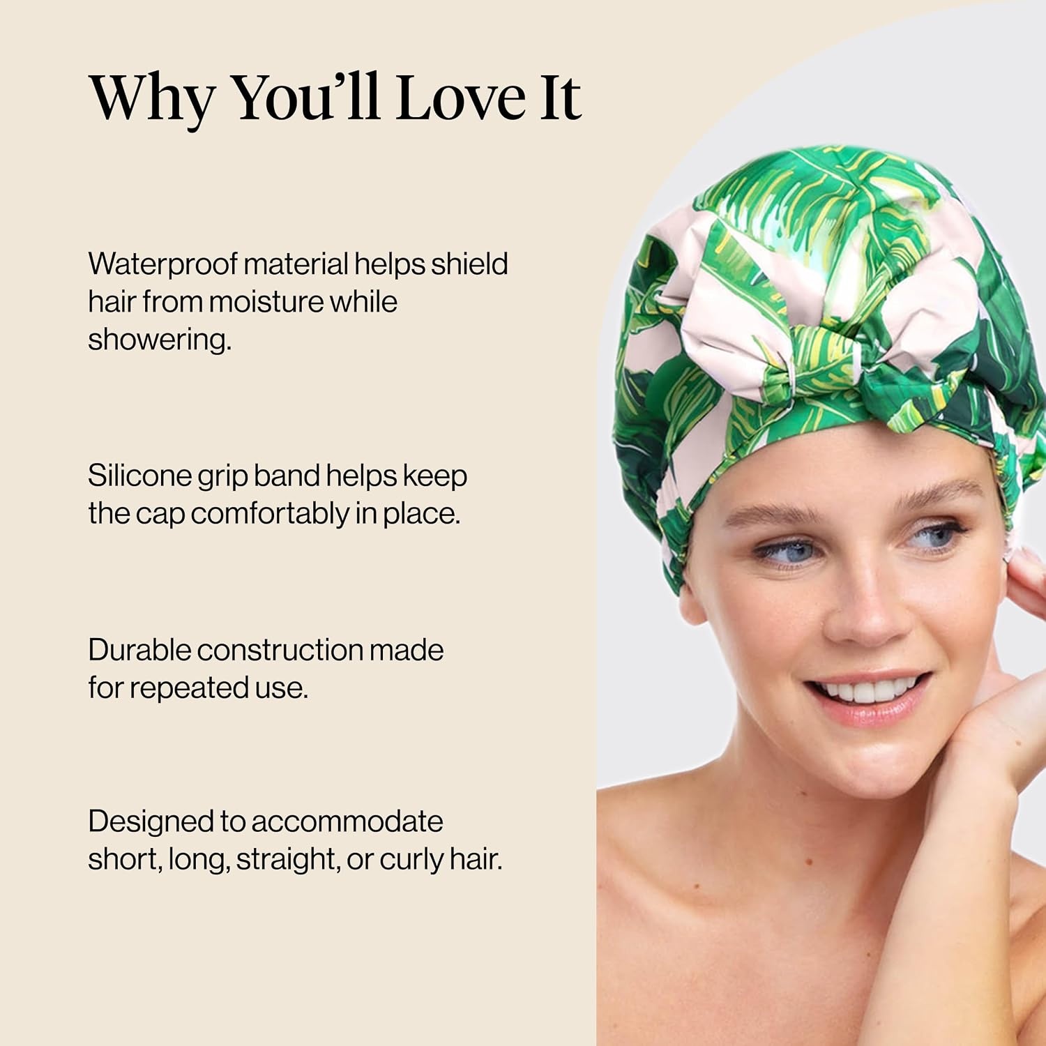 image:imageKitsch Luxury Large Shower Cap for Women StripePalm Leaves