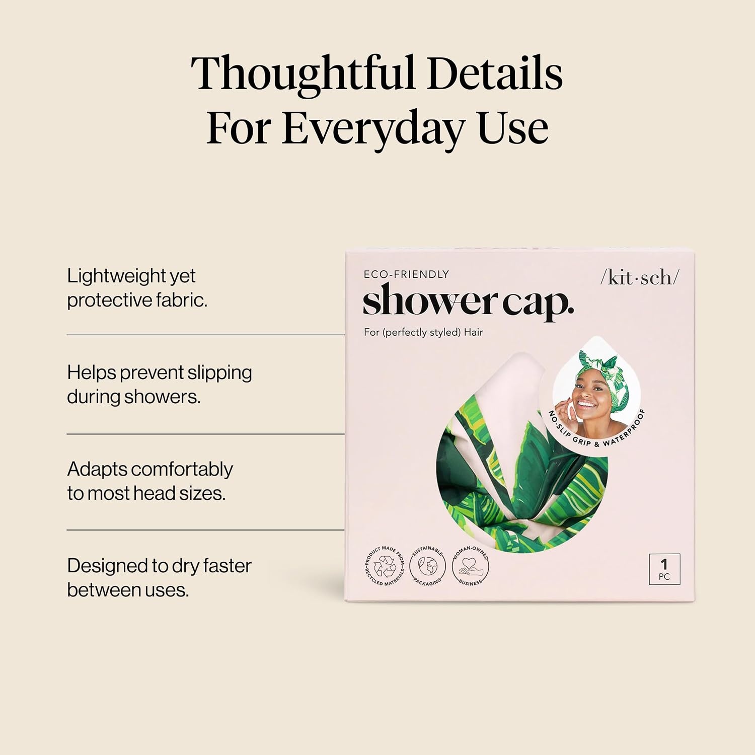 image:imageKitsch Luxury Large Shower Cap for Women StripePalm Leaves
