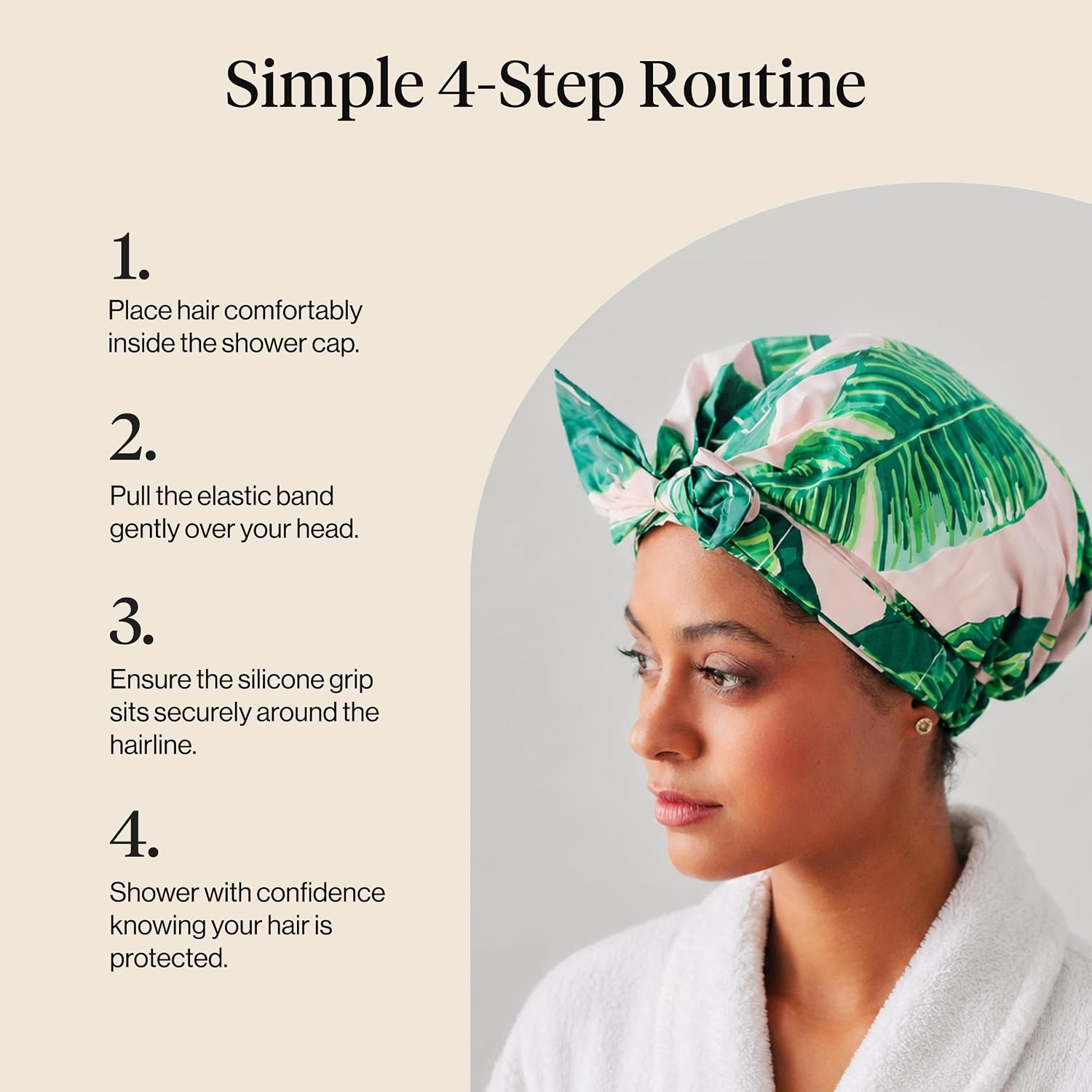 image:imageKitsch Luxury Large Shower Cap for Women StripePalm Leaves
