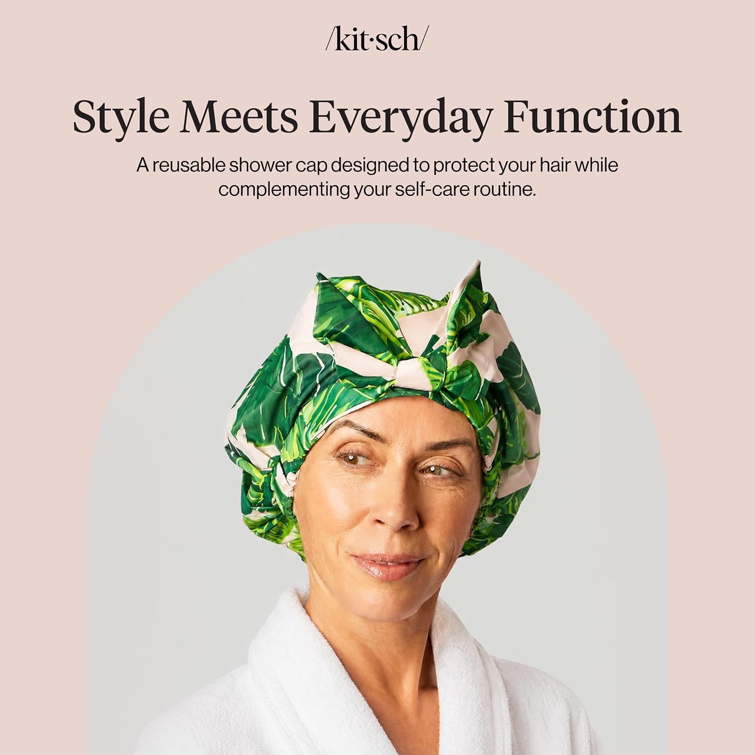 image:imageKitsch Luxury Large Shower Cap for Women StripePalm Leaves