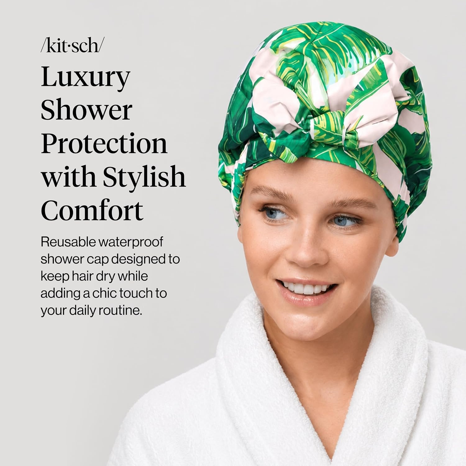 image:imageKitsch Luxury Large Shower Cap for Women StripePalm Leaves
