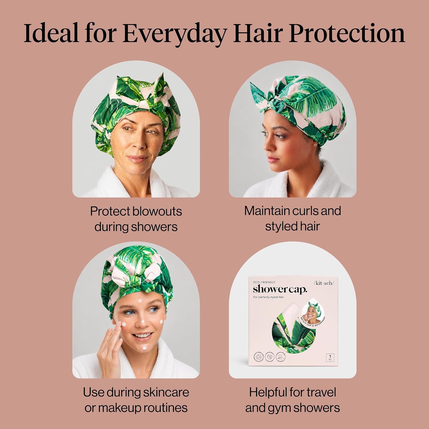 image:imageKitsch Luxury Large Shower Cap for Women StripePalm Leaves