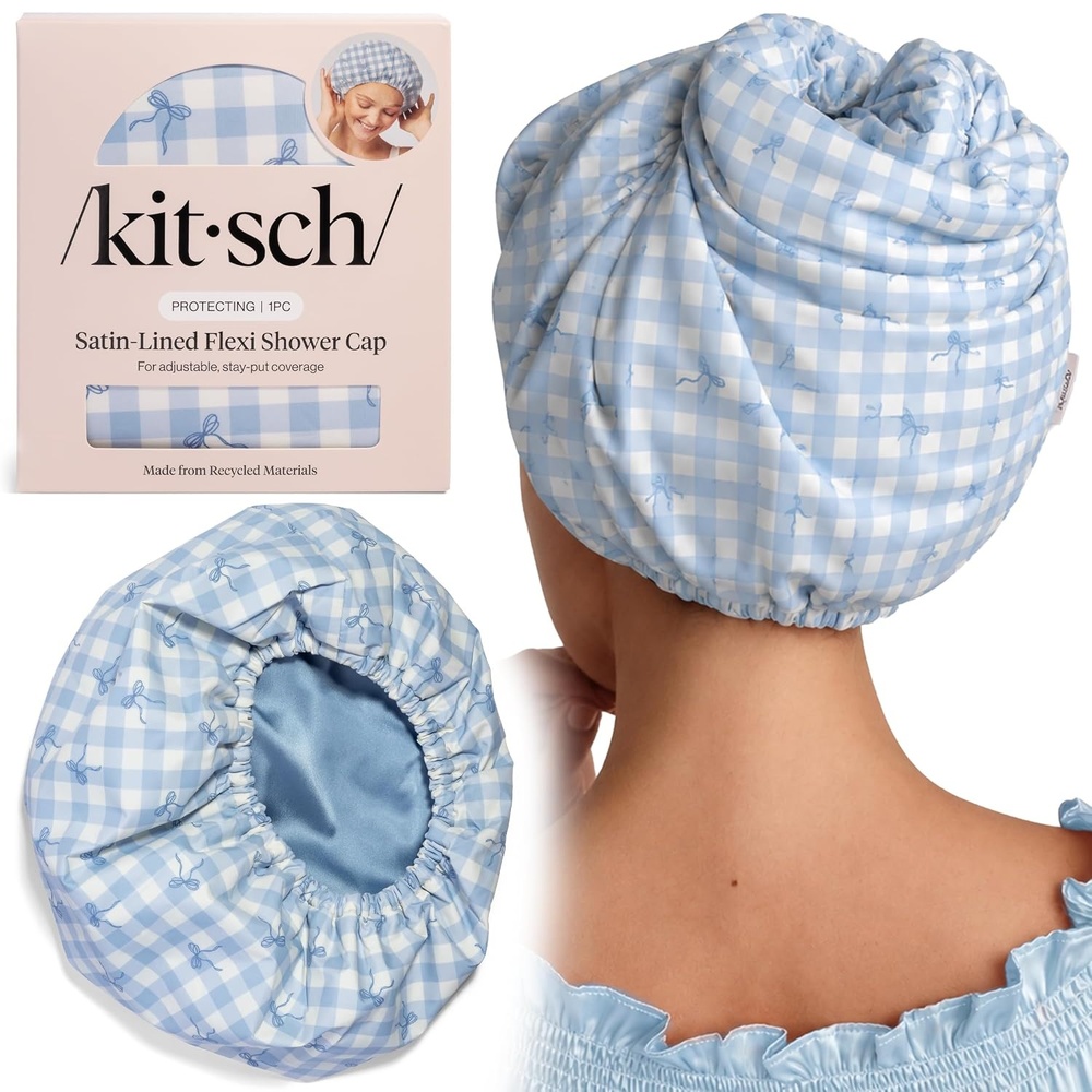 image:imageKitsch Luxury Large Shower Cap for Women StripeGingham Blue
