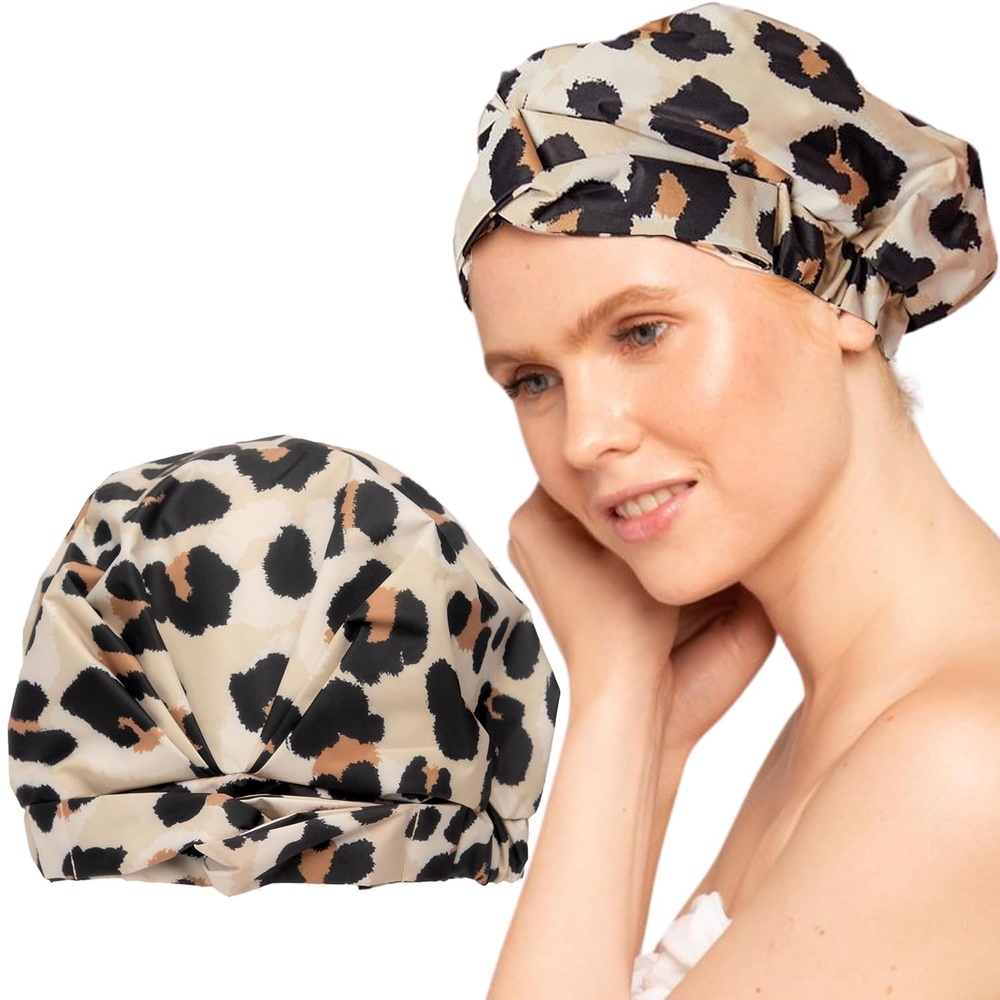 image:imageKitsch Luxury Large Shower Cap for Women StripeLeopard
