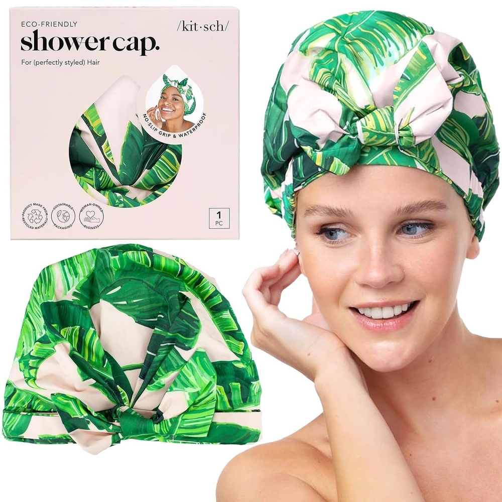 image:imageKitsch Luxury Large Shower Cap for Women StripePalm Leaves