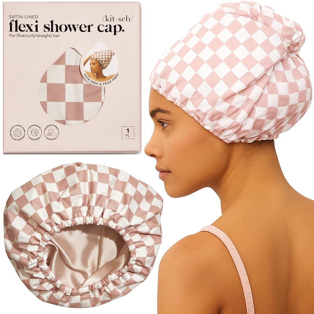 image:imageKitsch Luxury Large Shower Cap for Women  StripeTerracotta Checker