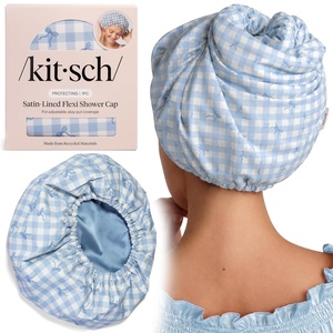 Kitsch Luxury Large Shower Cap for Women – Stripe(Gingham Blue)